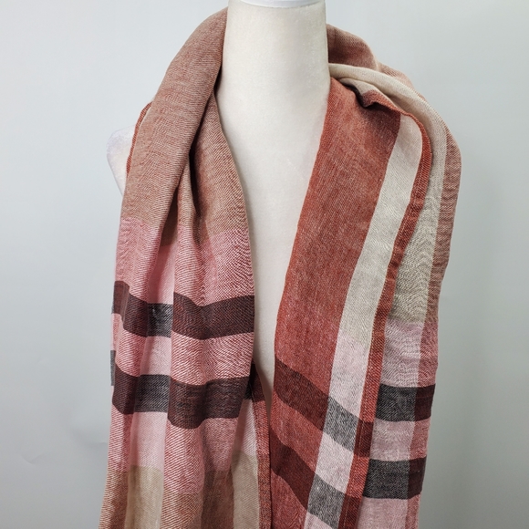 FLAX Red Linen Plaid Check Scarf Fringe - Picture 4 of 6